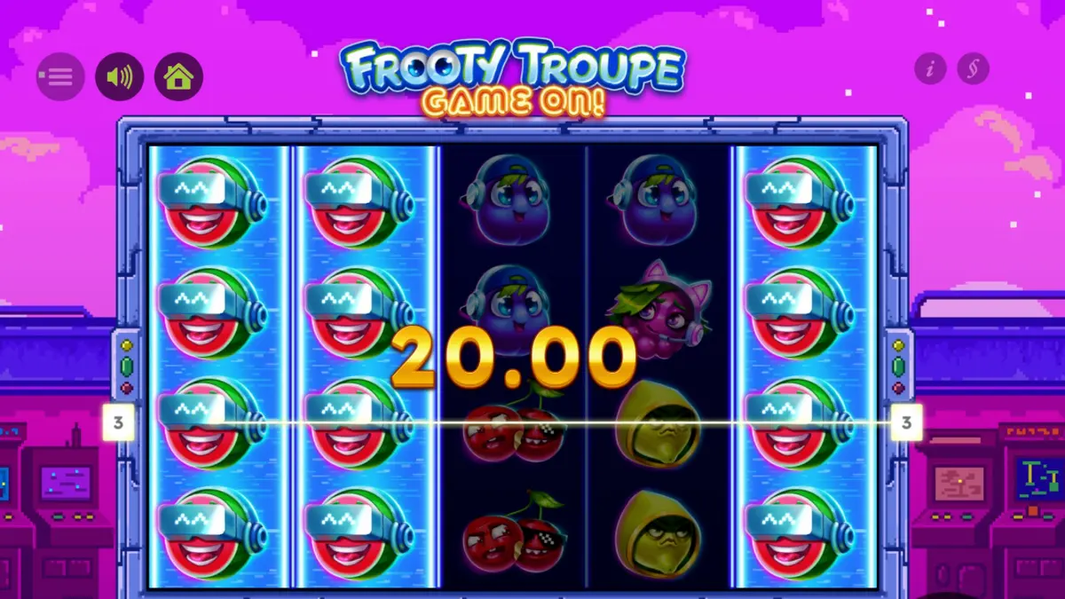Tampilan visual retro arcade pada slot Frooty Troupe