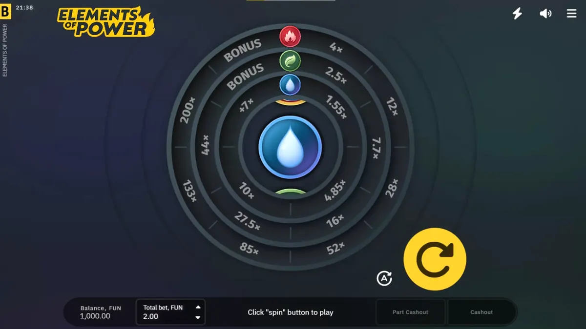 Tampilan antarmuka slot Elements of Power dengan elemen Api, Tanah, dan Air yang bercahaya