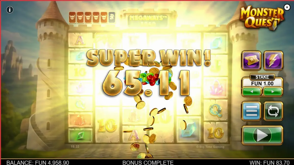 Tampilan visual slot Monster Quest dengan latar belakang kastil abad pertengahan dan simbol permata yang cerah.