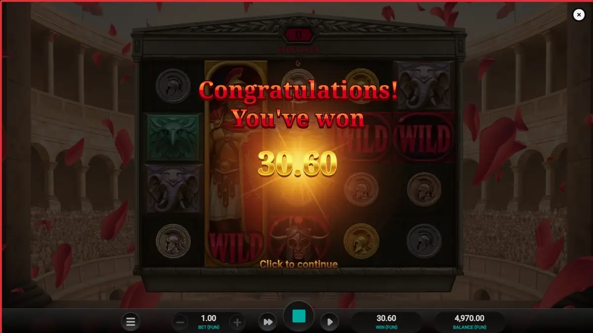 Arena of Fortune slot machine interface featuring gladiator theme